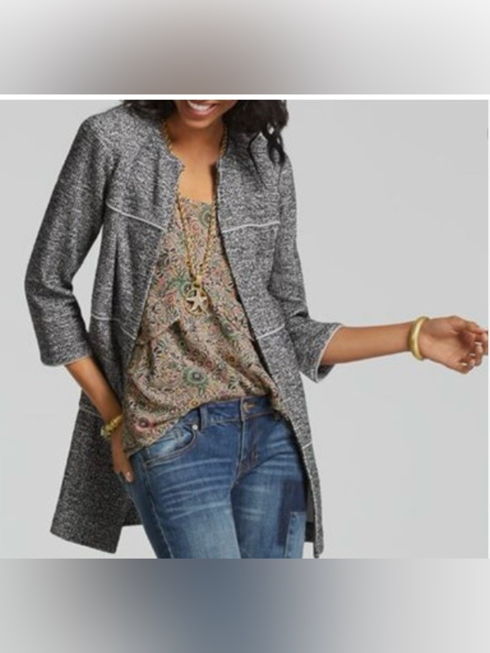 CAbi The Times Jacket Open-Front, Collarless, Tweed 3/4 Sleeve Tiered w Piping S